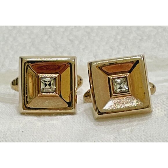 Signed Hickok Shiny Gold Finish Vintage Square Cufflinks With Crystal Centers - Picture 3 of 6